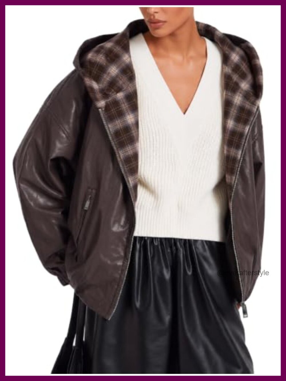 Faux Leather Cropped Moto Jacket Hooded Plaid Lined Women